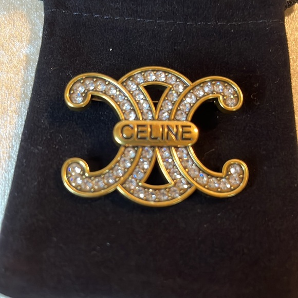 Celine Vintage Gold Tone and Crystal Brooch 1.25”x 1.75” - Picture 1 of 4
